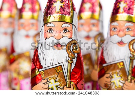 Close-up of Sinterklaas. Saint  Nicholas chocolate figurine of  Dutch character of Santa Claus