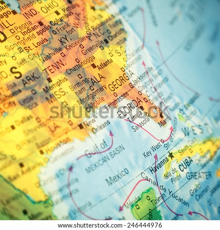 Map South East USA .  Close-up macro image of  map Southeast America. Selective focus
