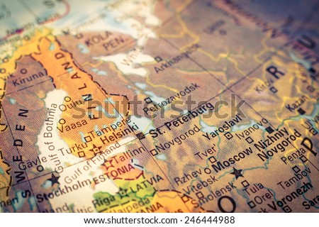Map Russia and Finland .  Close-up macro image of Russian map . Selective focus on St.Peterburg