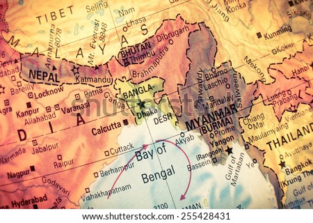 Vintage Map Myanmar,Bangladesh,  Close-up macro image of South East Asia  map . Selective focus on Bangladesh