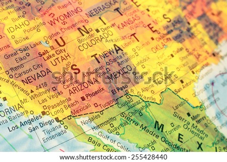 Map South West USA .  Close-up macro image of  map South West America. Selective focus