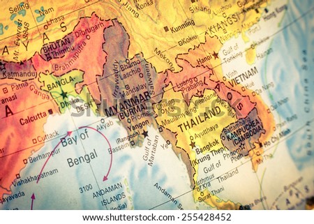 Vintage Map Thailand and Laos .  Close-up macro image of Thai  map . Selective focus on Bangkok