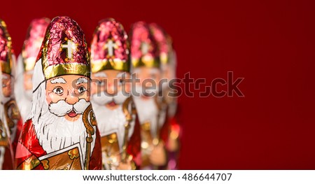 Close-up of Sinterklaas. Saint  Nicholas chocolate figurine of  Dutch character of Santa Claus. With copy space.