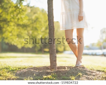 Closeup on young woman legs standing near seedling tree