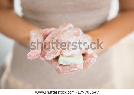 Closeup on young woman hands with soap bar