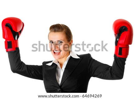 Winning Pro Fight Boxing Gloves 10oz review at ratethisgear.com stock photo : winning modern business woman wearing boxing gloves