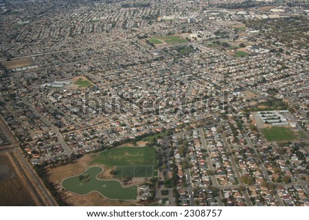 Californian surburb aerial view of rows of houses