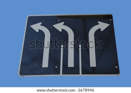 Traffic direction sign with arrows isolated on blue