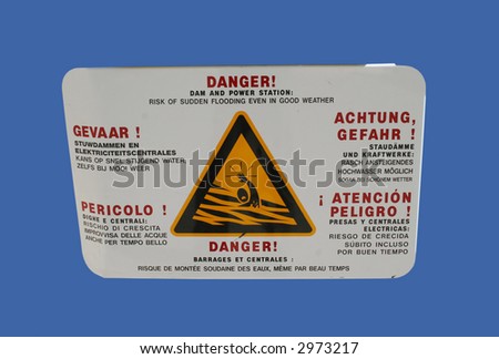 multilingual danger dam sign in English French and German