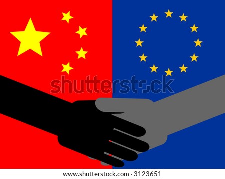 business handshake with chinese and European union flag illustration