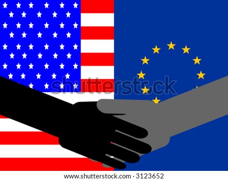 business handshake with American and European union flag illustration
