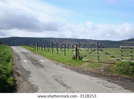 country road wire fence and green field