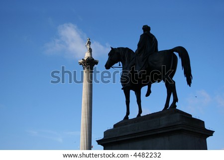 Nelson Column and statue of man on horseback London