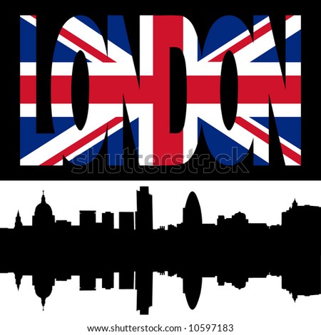 stock vector : silhouette of London Skyline and London flag text 
