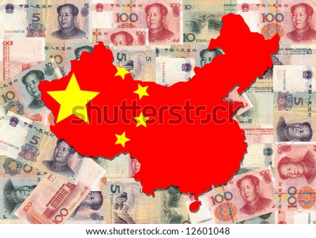 map of china with collage of colourful Chinese currency illustration