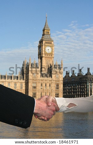 handshake between business people and British parliament