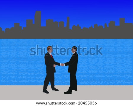 business men meeting with handshake and Miami skyline
