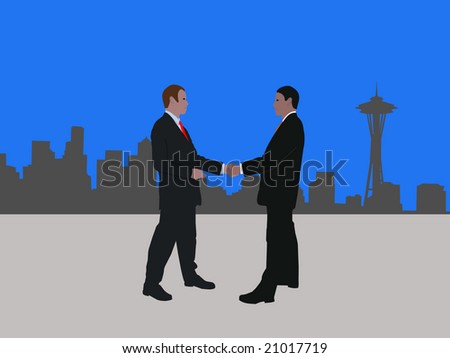 business men meeting with handshake and Seattle skyline
