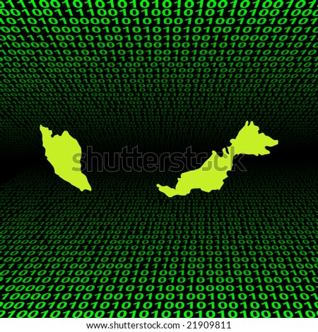 glowing Malaysia map over green binary code