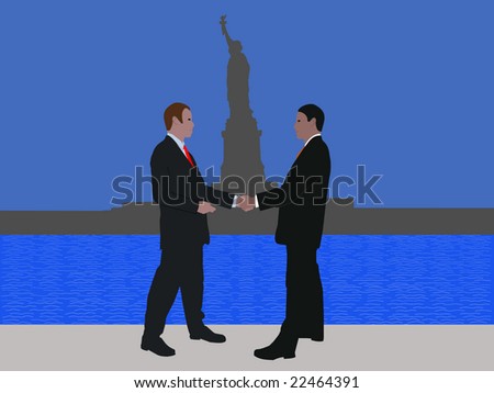 business men meeting with handshake and Statue of Liberty