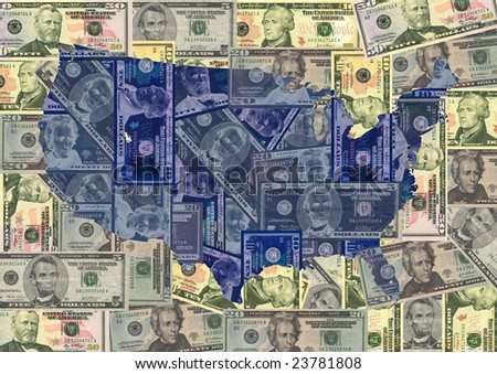 Map of USA with American dollars bills illustration
