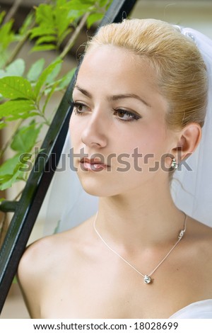 portrait of beautiful bride looking left, outdoor shot