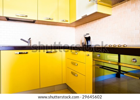 Modern Kitchens on Yellow Kitchen Interior In Modern Flat Stock Photo 29645602