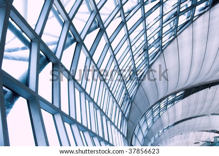 Abstract blue ceiling interior background, left composition
