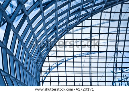 Abstract blue ceiling interior background, left composition