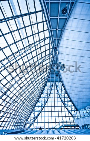 Abstract blue ceiling interior background, vertical composition