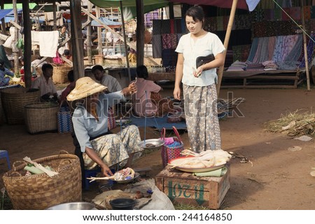 INLE-OCTOBER 11: The seller weighed the chicken in traditional style on October 11, 2010, the market near the temple Phaung-Daw-Oo, Inle lake, Myanmar.