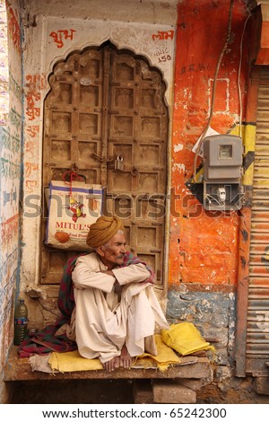 INDIA-NOVEMBER 17: Old Indian Sitting out front. To relax and greet friends walking on November 17, 2008 in Jaisalmer  India.