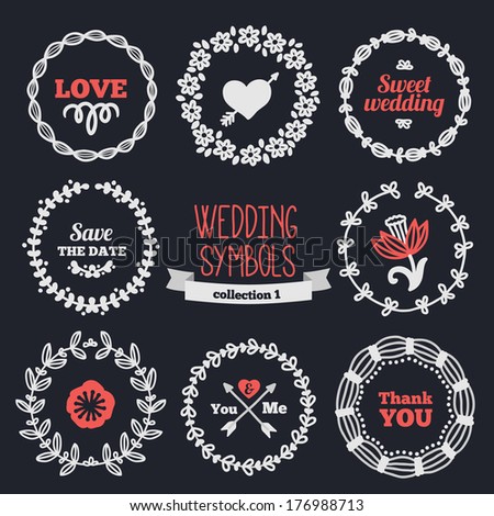 Set of holiday symbols - wreathes, hearts, flowers. Perfect for wedding and Valentine\'s Day
