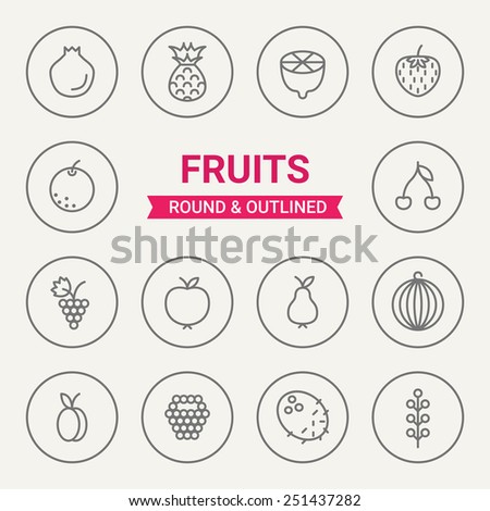 Set of round and outlined fruits icons Pomegranate Pineapple Lemon Strawberry Orange Cherry Grapes Apple Pear Watermelon Apricot Raspberry Coconut Currant Perfect for mobile applications Set of round and outlined fruits icons Pomegranate Pineapple Lemon Strawberry Orange Cherry Grapes Apple Pear Watermelon Apricot Raspberry Coconut Currant Perfect for mobile applications
