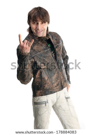 Handsome man in biker jacket and gloves isolated on white background