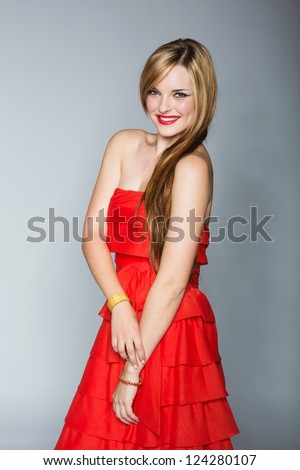  Silk Dress on Hair In Authentic Vintage Red Silk Dress On Grey Studio Background