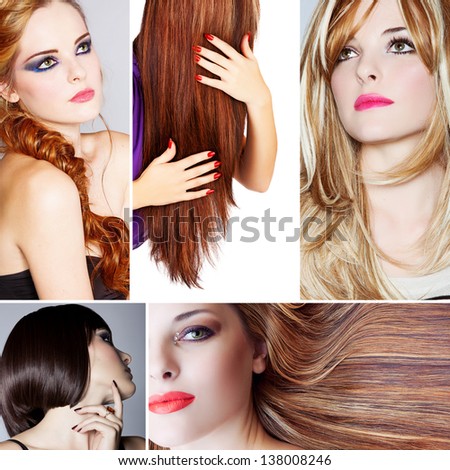collage of beautiful young woman photos with different hairstyles from long blond hair to short on studio background