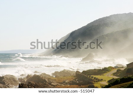 ocean-scape with foaming waves and mountains