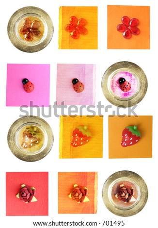 lady-bug, daisy, rose and strawberry elements on bits of coloured paper - variety