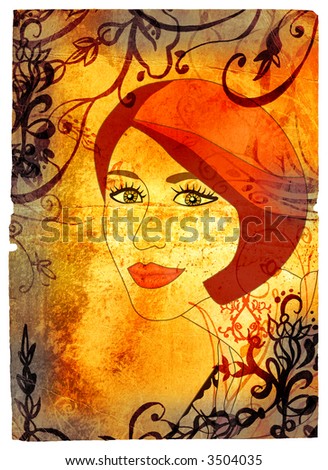 Grunge woman face with red hair 