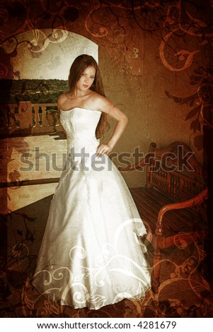 stock photo Brunette bride with long hair in sleeveless wedding dress on a