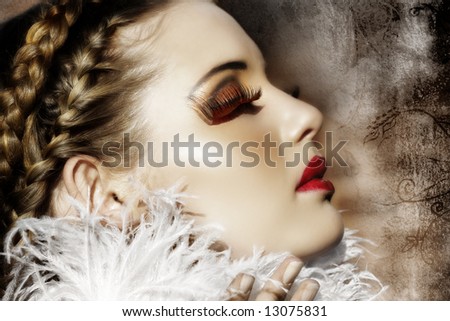 Victorian fashion woman with braids, white feathers, red fantasy lashes and scarlet lipstick on grunge background ? my design
