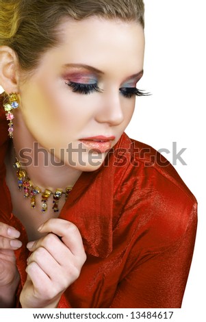 stock photo Blond beautiful woman with long fashion lashes and pink lips 