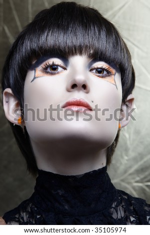 Emo girl with straight fringe bob and alternative make-up, piercings on lip and ear from 16bit RAW.