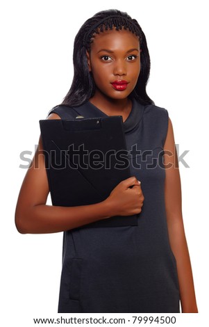 African American business woman stands with folder in her hands ready for executive presentation over white background