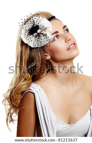  wearing beautiful vintage wedding headband on long curly hair and
