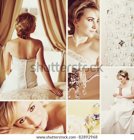  of beautiful blonde bride with short hair wearing a white satin wedding