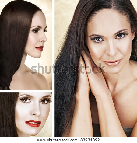 Collage of beautiful brunette woman with long hair, natural make-up and red lipstick and soft smile.