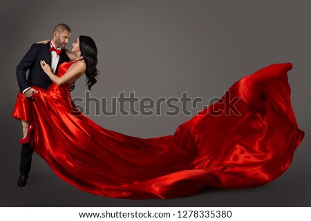 Dancing Couple, Woman in Red Dress and Elegant Man in Suit, Flying Waving Fabric