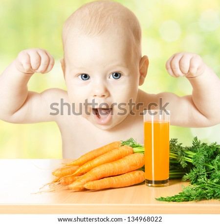 Child And Fresh Carrot Juice Glass. Concept: Healthy Vegetable Food Diet Make Baby Strong And Happy